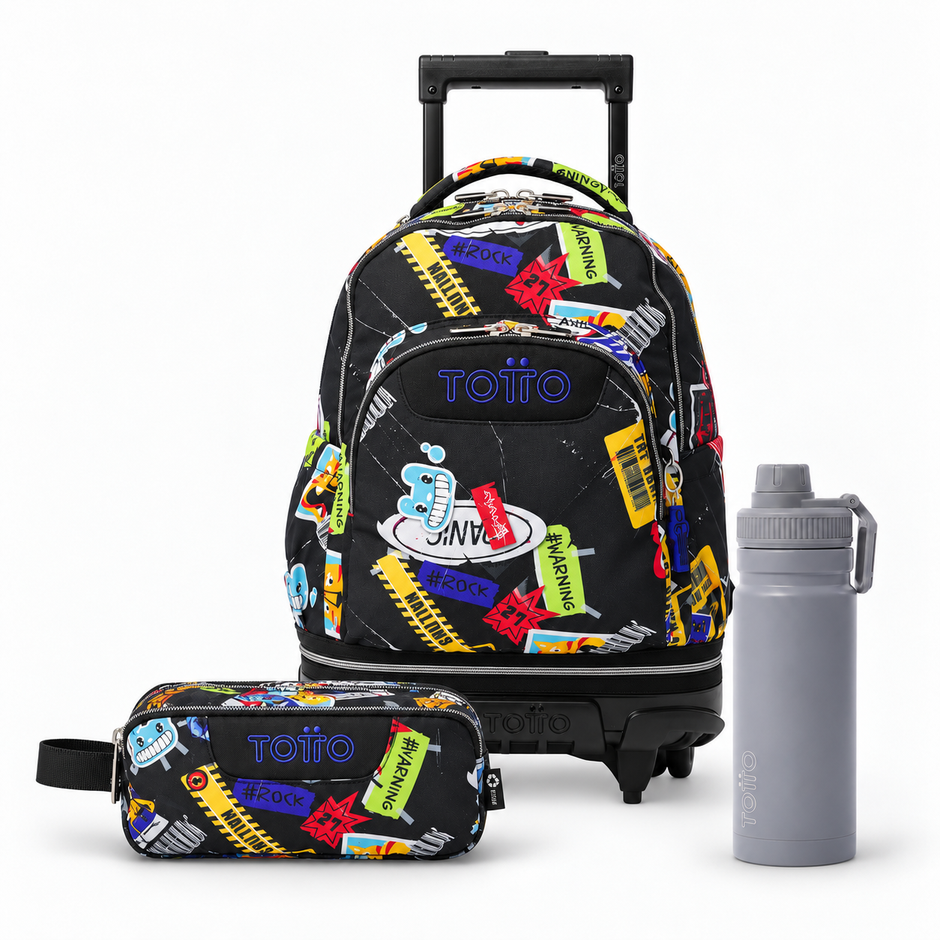Pack escolar - Mochila com rodas desmontável (Tiza) + Estojo 3 compartimentos (Agapec) + Garrafa de 550ml