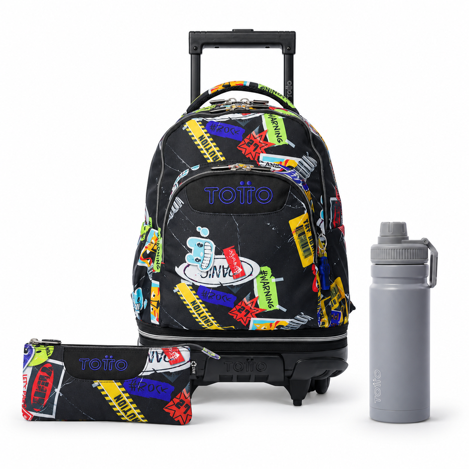 Pack escolar - Mochila con ruedas desmontable (Tiza) + Estuche 3 compartimentos (Tablero) + Botella de 550ml