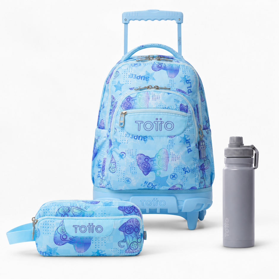 Pack escolar - Mochila com rodas (Renglones) + Estojo de 3 compartimentos (Agapec) + Garrafa de 550ml