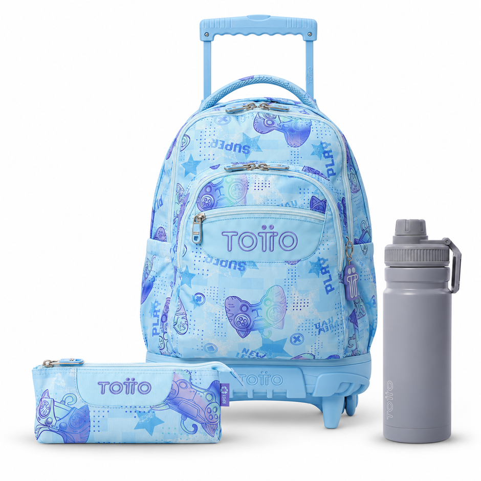 Pack escolar - Mochila com rodas (Renglones) + Estojo 3 compartimentos (Tablero) + Garrafa 550ml