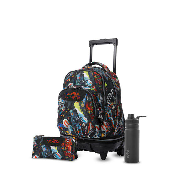 Pack escolar Menino - Mochila com rodas destacável + Estojo 3 compartimentos + Garrafa de 550ml