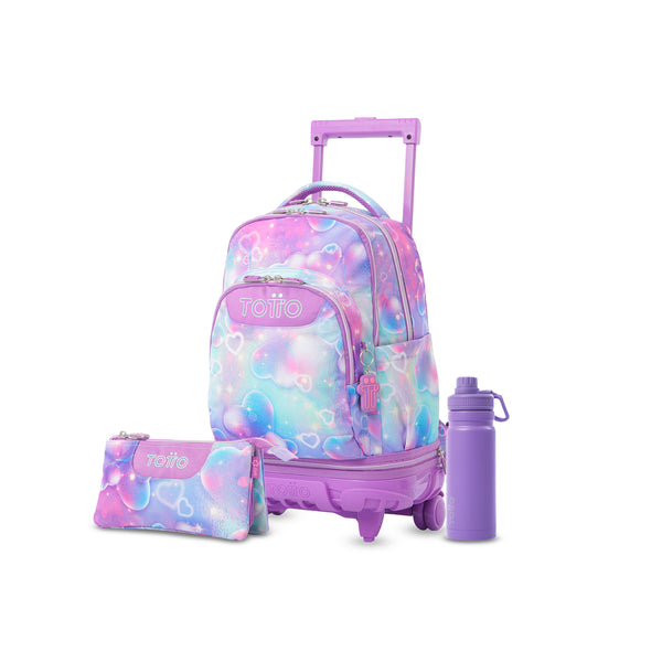 Kit Escolar Menina - Mochila de Rodas Removível + Estojo 3 Compartimentos + Garrafa de 550ml