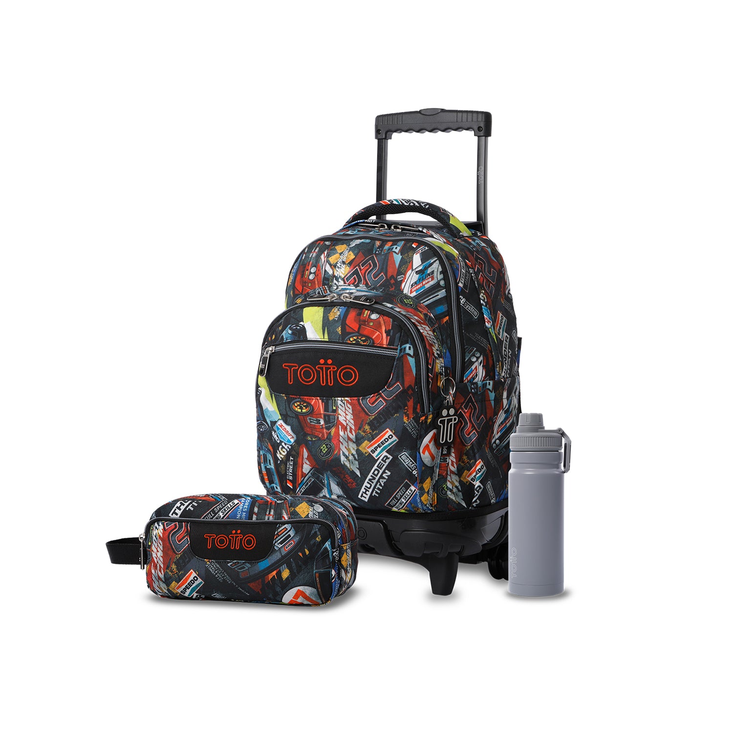 Pack escolar Menino - Mochila de rodinhas (Renglones) + Estojo 3 compartimentos (Agapec) + Garrafa de 550ml