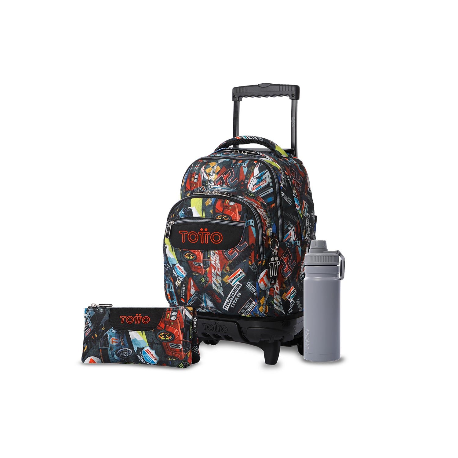 Pack escolar Menino - Mochila com rodas destacável (Giz) + Estojo 3 compartimentos (Quadro) + Garrafa de 550ml