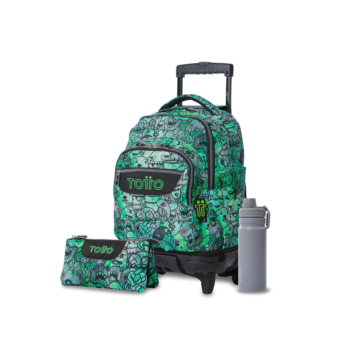 Pack Escolar Menino - Mochila com rodas (Régua) + Estojo 3 compartimentos (Tabuleiro) + Garrafa de 550ml