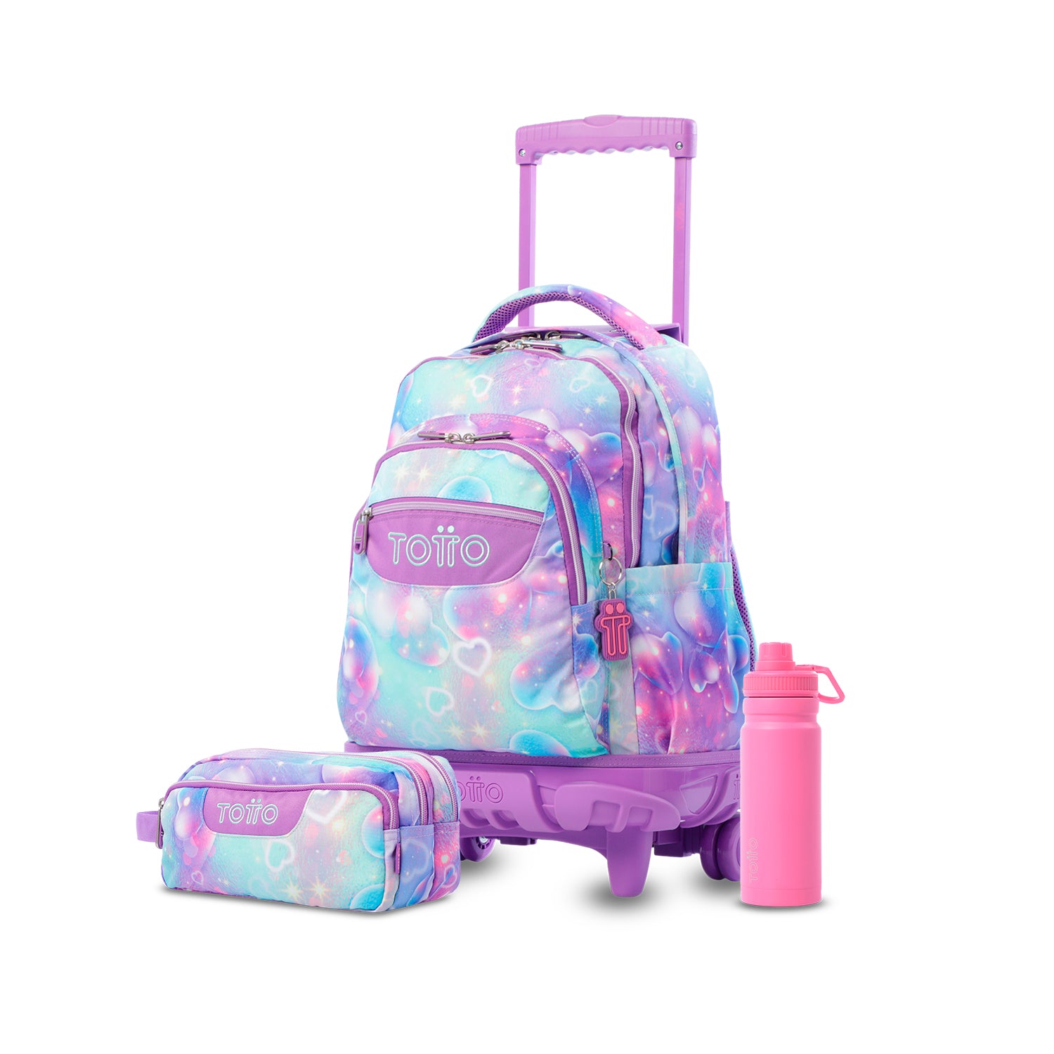 Pack escolar Menina - Mochila com rodas (Renglones) + Estojo 3 compartimentos (Agapec) + Garrafa de 550ml