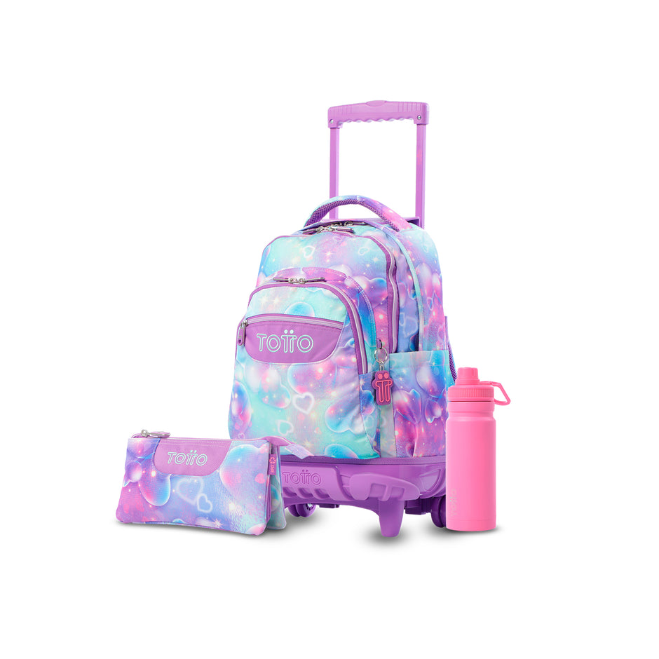 Pack Escolar Menina - Mochila com rodas (Linhas) + Estojo 3 compartimentos (Tabuleiro) + Garrafa 550ml