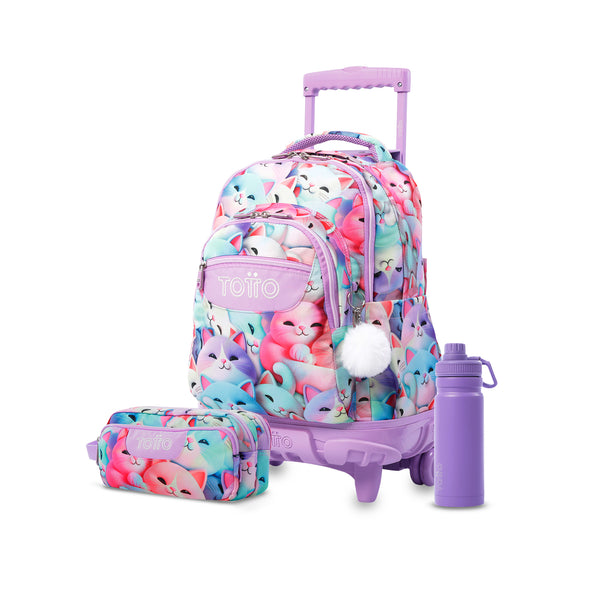 Pack escolar Niña - Mochila con ruedas (Renglones) + Estuche 3 compartimentos (Agapec) + Botella de 550ml
