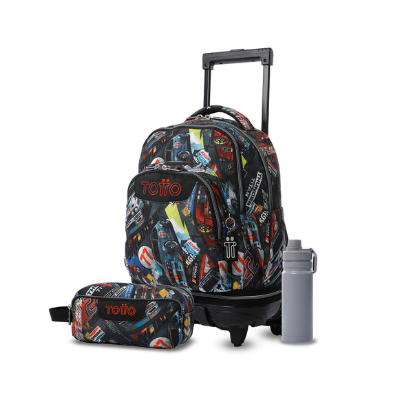 Pack escolar Menino - Mochila de rodas destacável (Tiza) + Estojo 3 compartimentos (Agapec) + Garrafa de 550ml