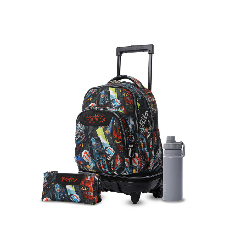 Pack escolar Menino - Mochila com rodas destacável (Giz) + Estojo 3 compartimentos (Quadro) + Garrafa de 550ml