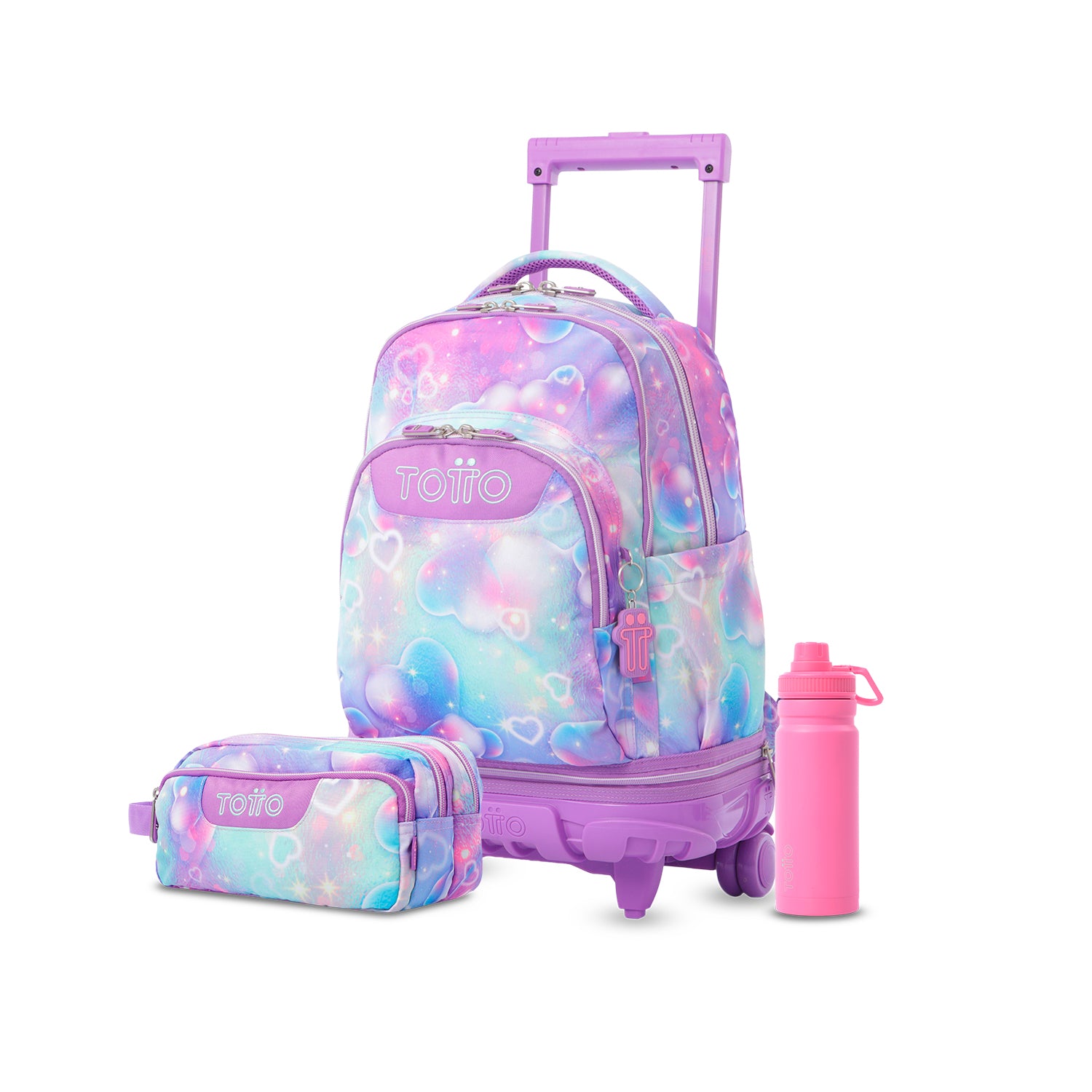 Pack escolar Menina - Mochila de rodinhas destacável (Tiza) + Estojo 3 compartimentos (Agapec) + Garrafa de 550ml
