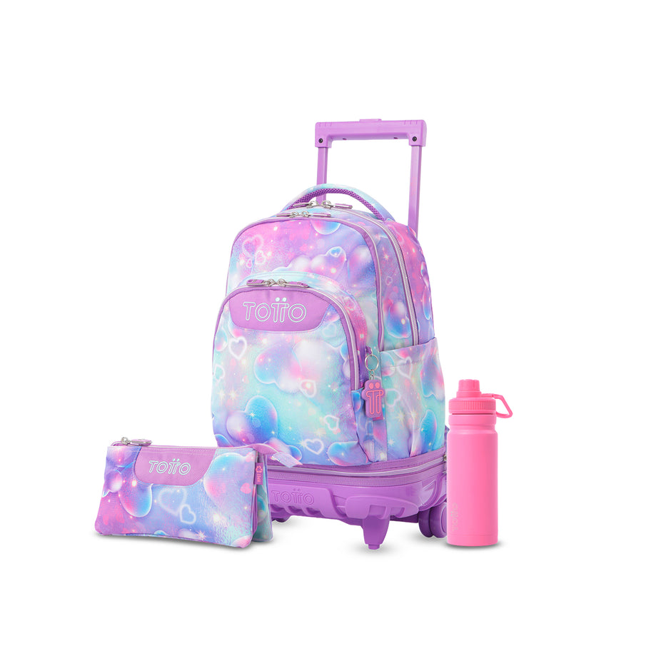 Pack escolar Menina - Mochila com rodas destacável (Giz) + Estojo 3 compartimentos (Quadro) + Garrafa de 550ml