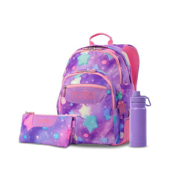 Pack escolar Menina - Mochila + Estojo 3 compartimentos + Garrafa de 550ml