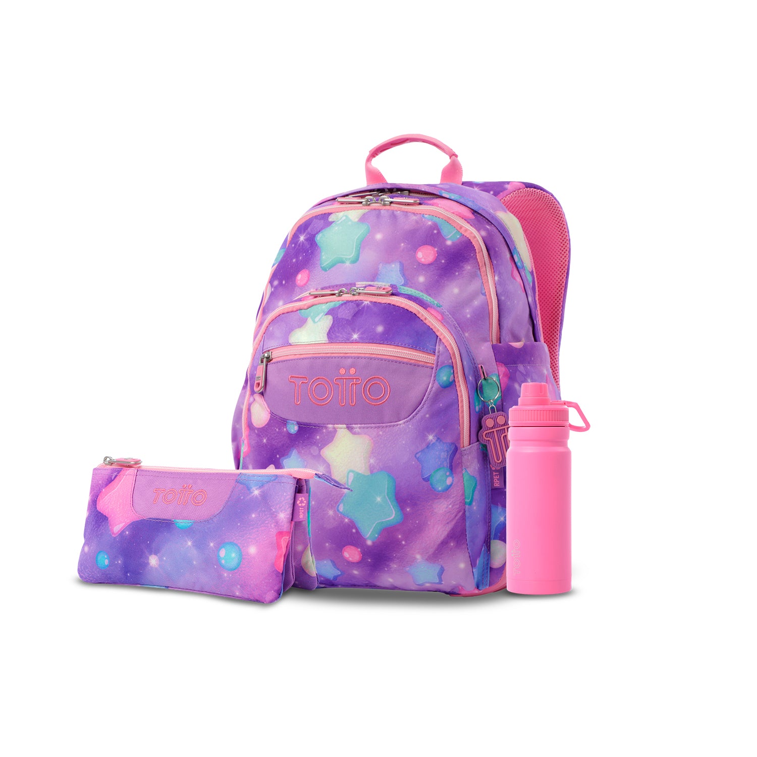 Kit escolar Menina - Mochila (Rayol) + Estojo 3 compartimentos (Tabuleiro) + Garrafa de 550ml