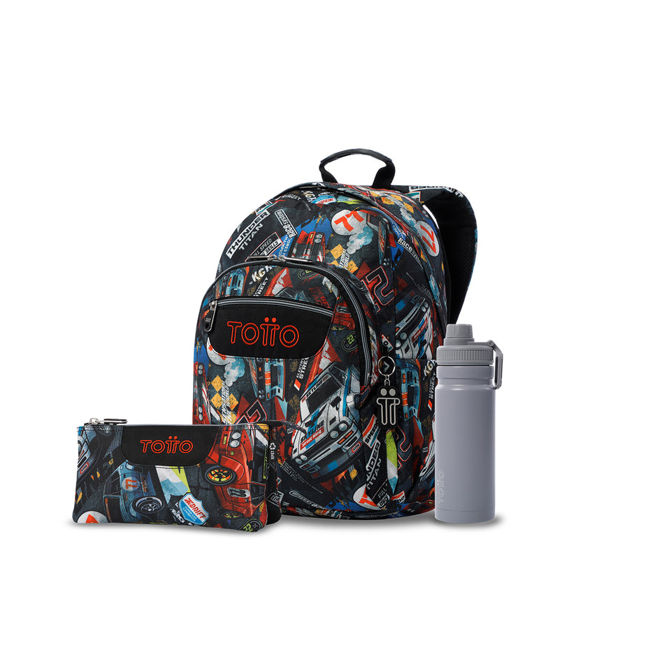 Pack escolar Menino - Mochila (Rayol) + Estojo 3 compartimentos (Tabuleiro) + Garrafa de 550ml