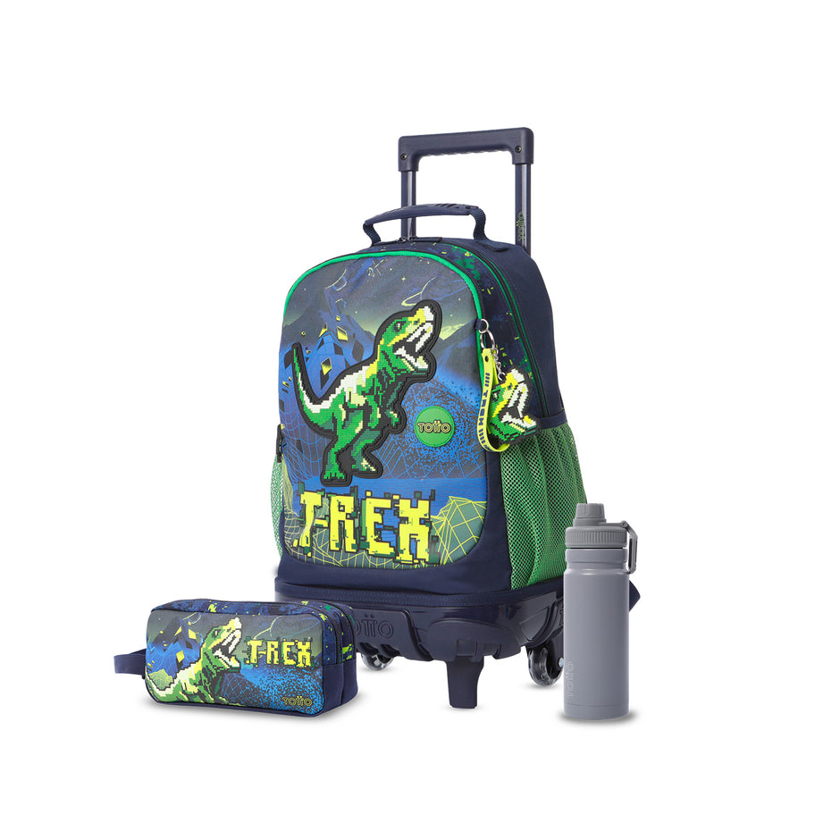 Pack escolar Menino Digisaurio - Mochila com rodas + Estojo + Garrafa de 550ml
