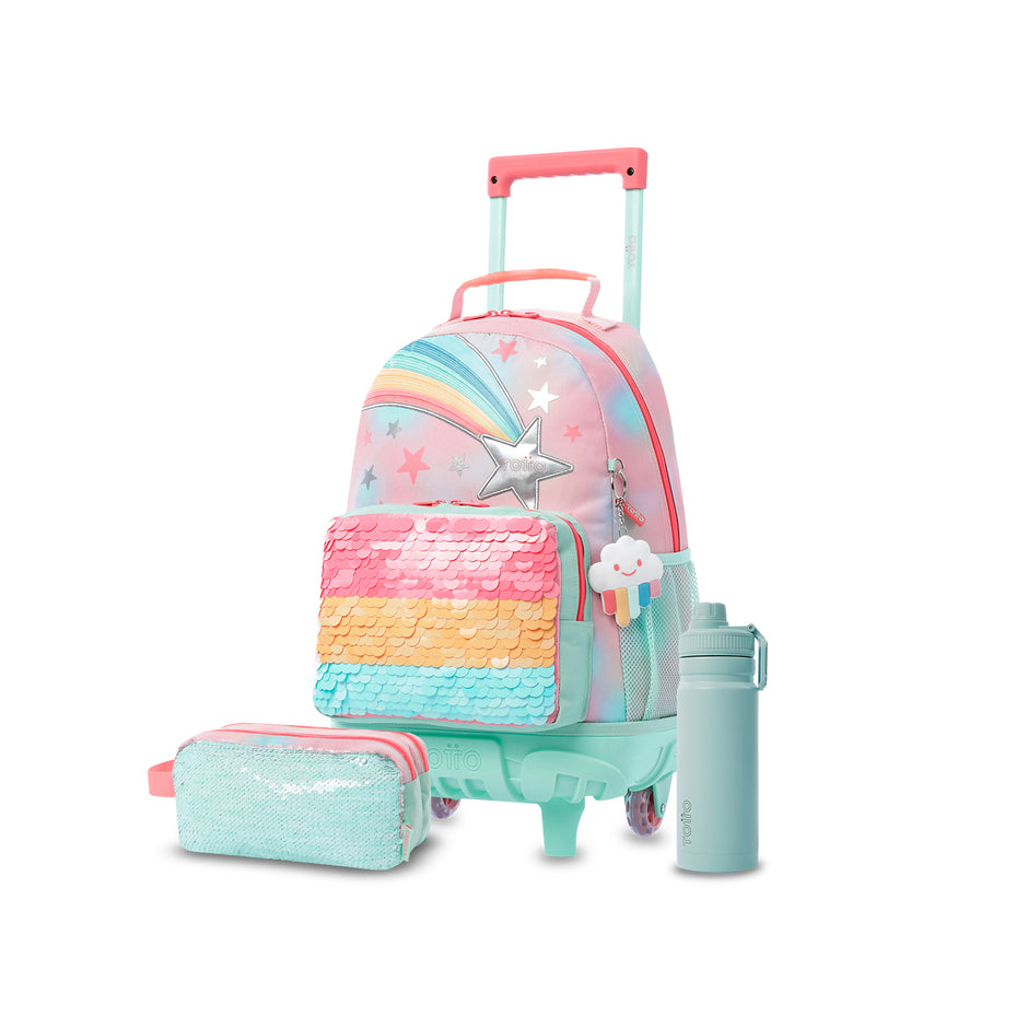Kit Escolar Menina Rainbow Star - Mochila de Rodas + Estojo + Garrafa de 550ml