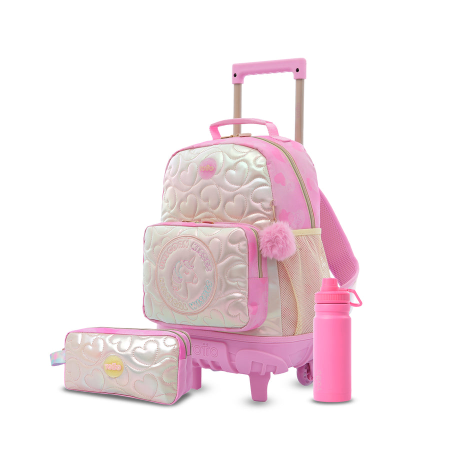 Pack Escolar Menina Unicorn Kisses - Mochila Média com Rodas + Estojo + Garrafa de 550ml