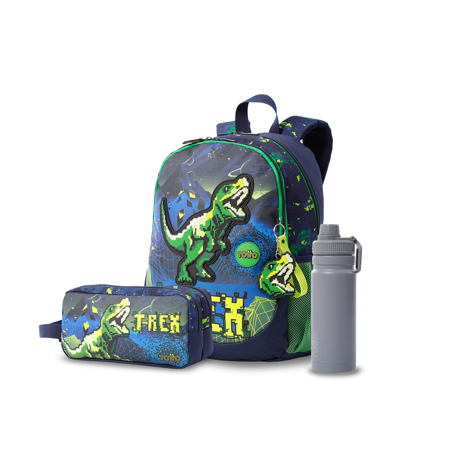Pack Escolar Menino Digossauro - Mochila + Estojo + Garrafa de 550ml