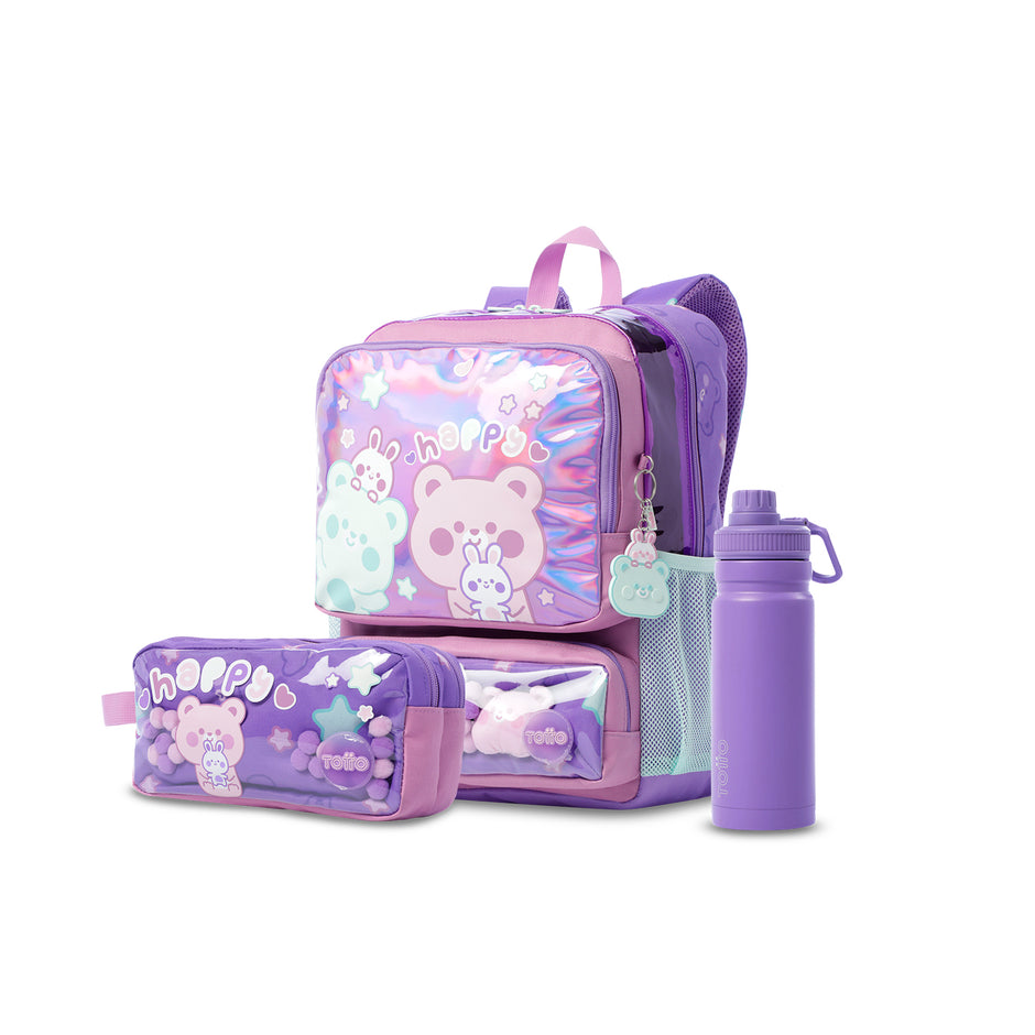 Mochila Escolar Menina Friends Party - Mochila + Estojo + Garrafa de 550ml