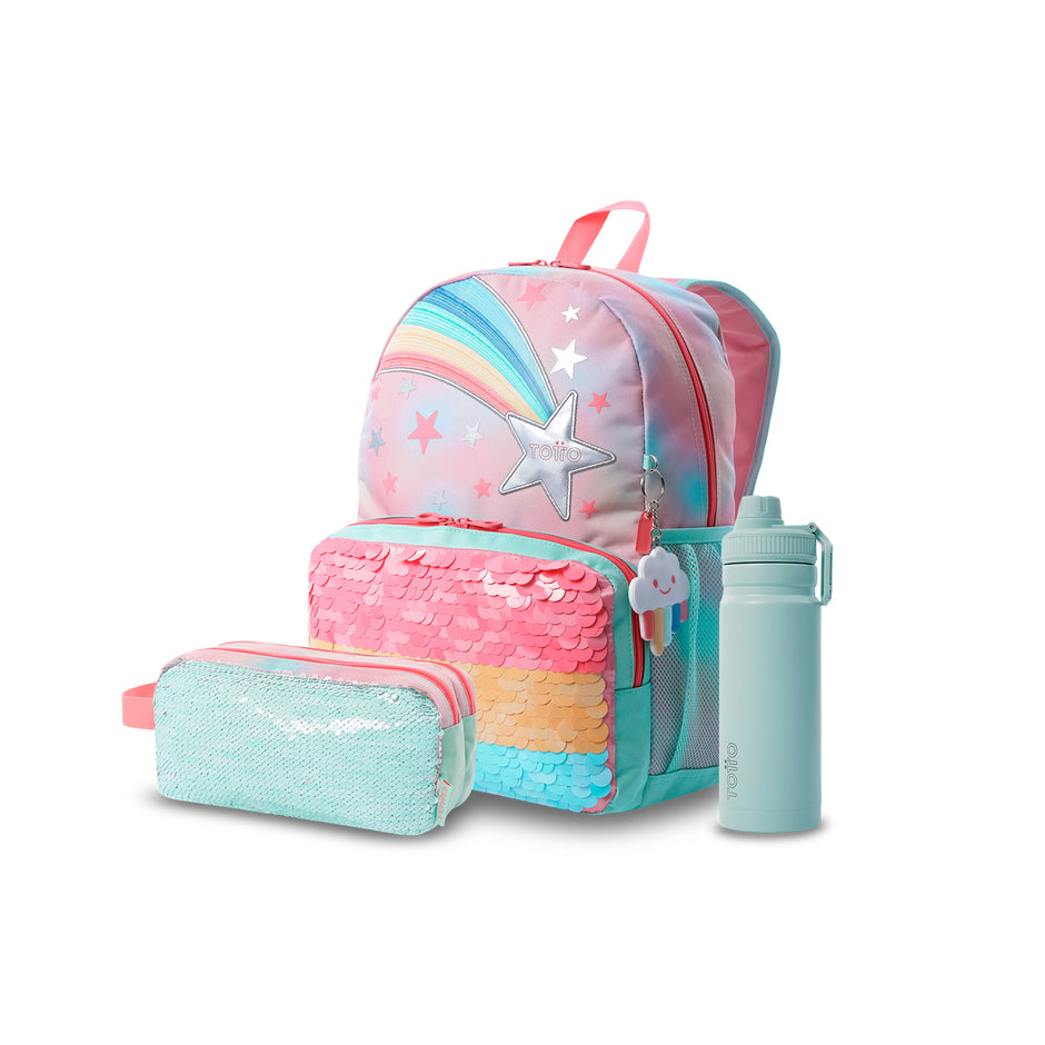 Pack Escolar Menina Rainbow Star - Mochila + Estojo + Garrafa de 550ml